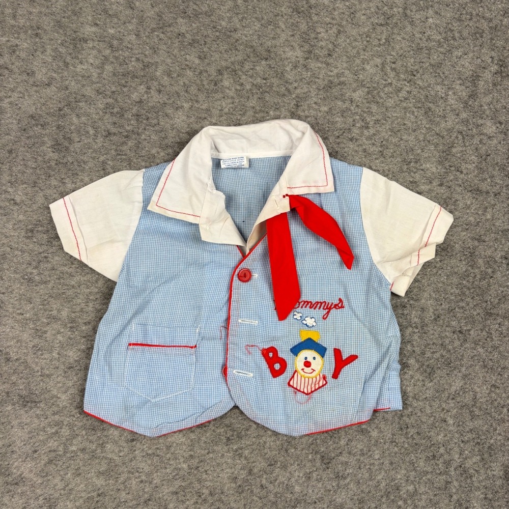 Cradle Togs Shirt Baby Boy Blue Gingham Clown Embroidered Sailor Collar Vintage